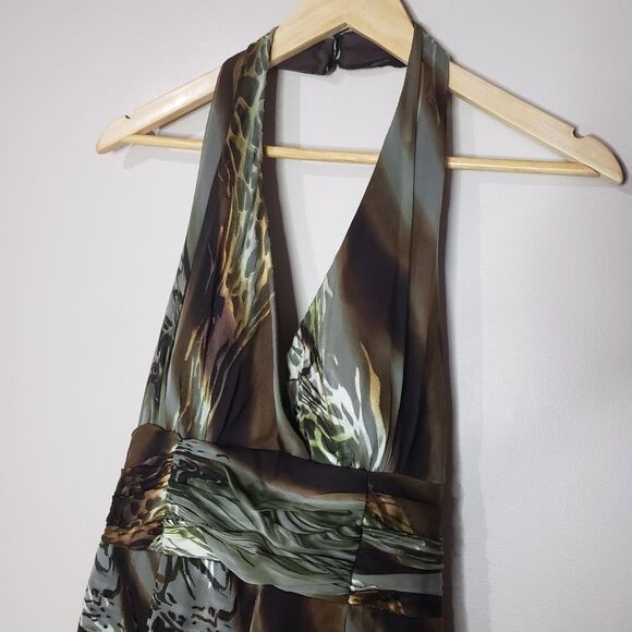 Frank Lyman Size 8 Medium Green Brown Silk Sleeveless Halter Dress - Picture 2 of 11